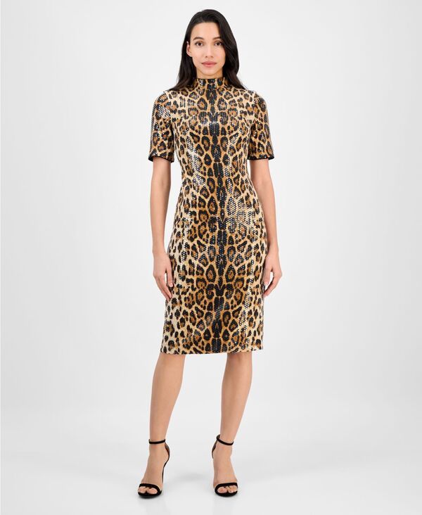 アンクライン レディース トップス ワンピース ミディワンピース プチ プリント ミディ スパンコール Anne Klein Petite Short Sleeve Sequin Cheetah Print Midi Dress Cheetah