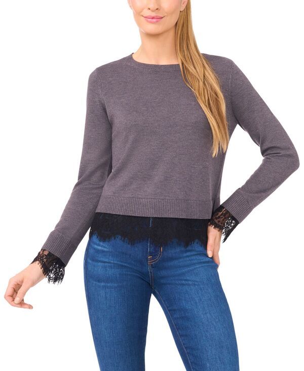 セセ レディース アウター ニット・セーター レース CeCe Womens Lace Hem Long Sleeves Sweater Medium Heather Grey グレー