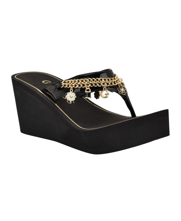 ゲス レディース シューズ サンダル GUESS Womens Sutton Charms EVA Thong Wedge Sandals Black Patent ブラック