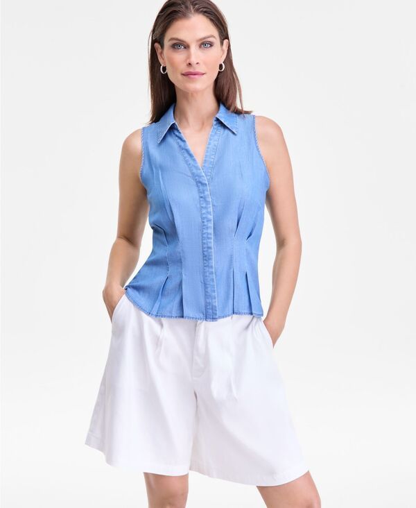 アイエヌシー インターナショナル コンセプト レディース トップス シャツ ノースリーブ INC International Concepts Womens Chambray SeamedWaist Sleeveless Shirt Medium Indigo