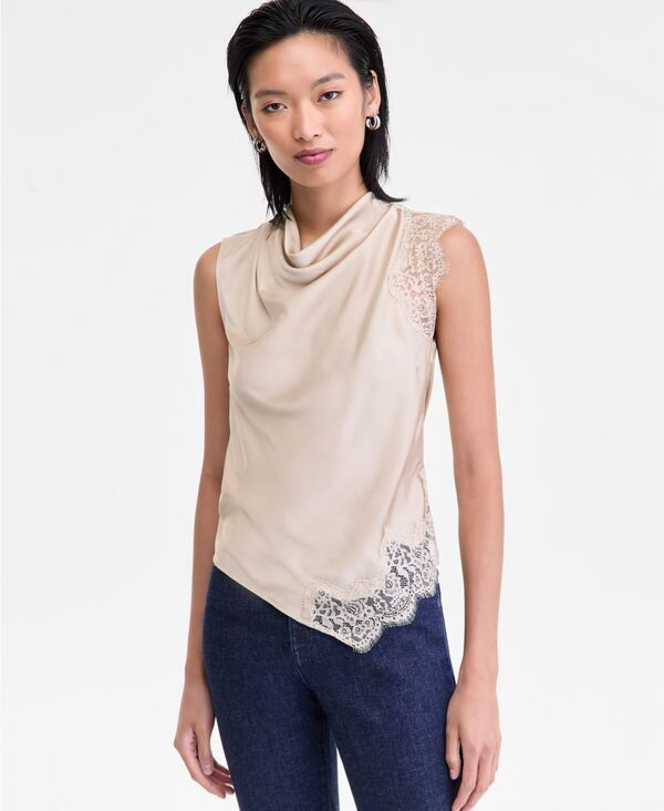 アイエヌシー インターナショナル コンセプト レディース トップス シャツ ノースリーブ レース INC International Concepts Womens LaceTrim CowlNeck Sleeveless Top Hummus