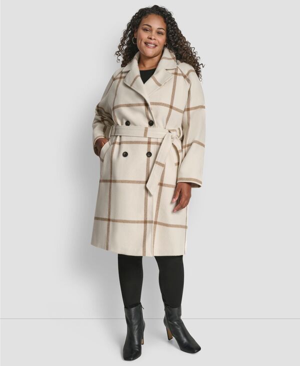 ダナ キャラン ニューヨーク レディース アウター ジャケット・ブルゾン プラスサイズ コート DKNY Plus Size Belted Notch Collar Coat Window Pane White Camel ホワイト