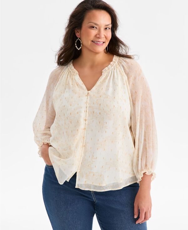 スタイルアンドコー レディース トップス シャツ プラスサイズ プリント フリル Style Co Plus Size Printed Shine Ruffled Top Holiday Vanilla