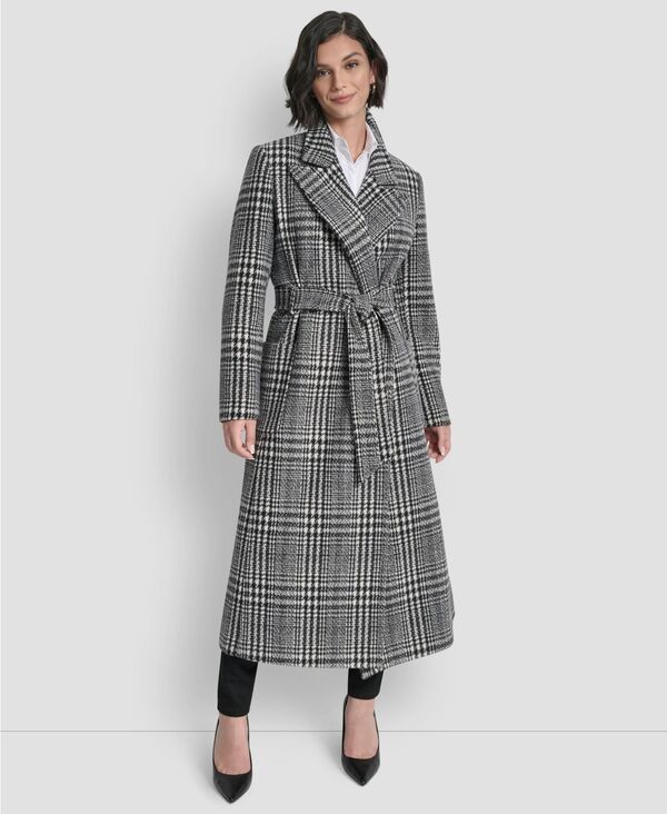 ダナ キャラン ニューヨーク レディース アウター ジャケット・ブルゾン コート DKNY Womens Notch Collar Belted Wrap Coat Herringbone Black White ホワイト