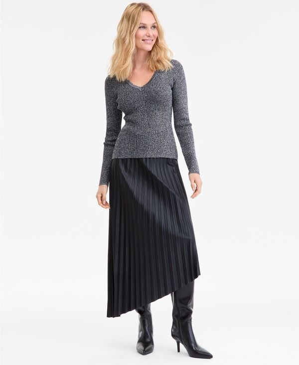 アイエヌシー インターナショナル コンセプト レディース アウター ニット・セーター Vネック トール セーター ニット INC International Concepts Womens MetallicKnit VNeck Sweater Deep Bla