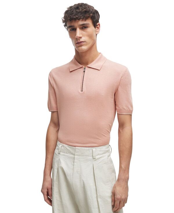 ヒューゴボス メンズ トップス ポロシャツ ニット リネン Hugo Boss Mens LinenBlend ZipNeck Knit Polo Open Pink ピンク