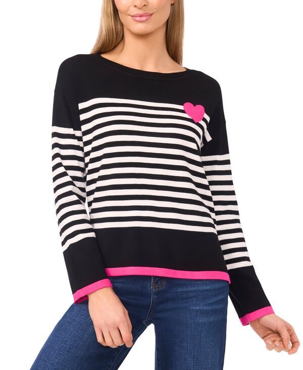 セセ レディース アウター ニット・セーター セーター 長袖 CeCe Womens Sailor Stripe HeartTrim LongSleeve Sweater Rich Black ブラック