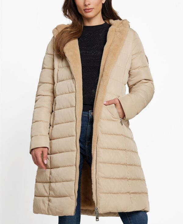 ゲス レディース アウター ジャケット・ブルゾン コート GUESS Womens FauxFurLined Hooded Puffer Coat Taupe トープ