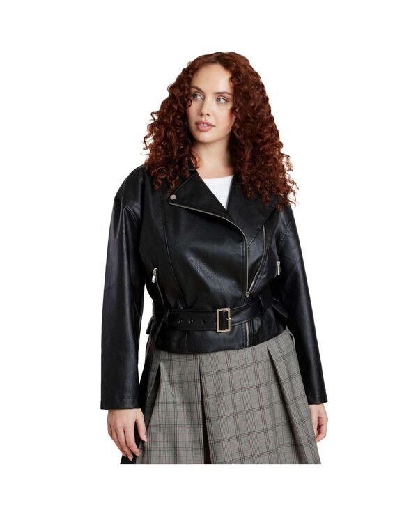 エロクイ レディース アウター ジャケット・ブルゾン プラスサイズ レザー フェイクレザー ELOQUII Womens Plusize Belted Faux Leather Moto Jacket Black onyx ブラック
