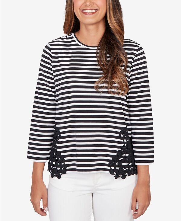ルビーアールディー レディース トップス シャツ プチ コットン レース Ruby Rd Petite Stripe Cotton Lace Applique Top BlackWhite ホワイト