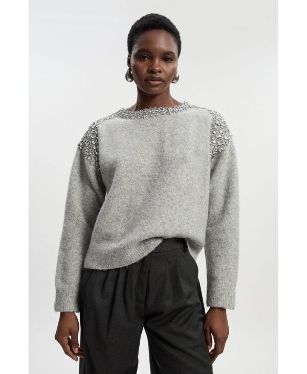 カレンミレン レディース アウター ニット・セーター Karen Millen Womens Embellished Trim Cosy Knit Jumper Grey グレー