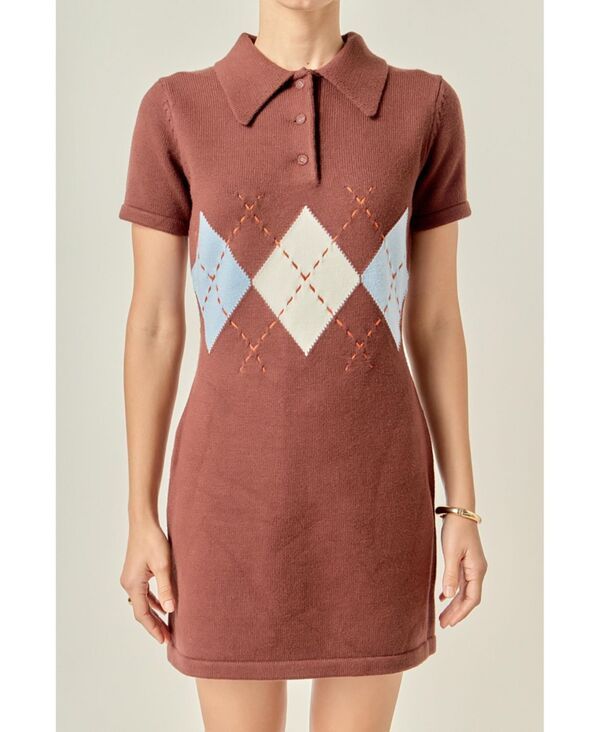 イングリッシュファクトリー レディース トップス ワンピース ポロシャツ ミニット English Factory Womens Argyle Knit Polo Mini Dress Brown multi ブラウン