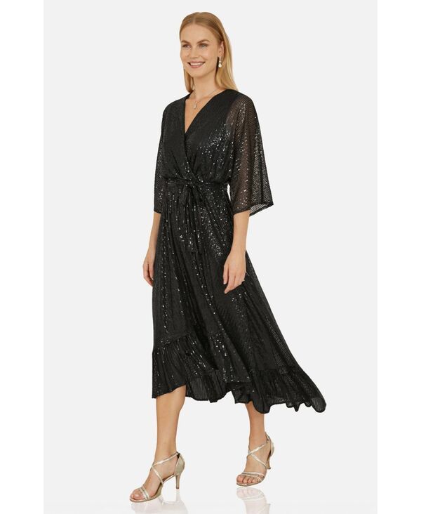 ユミキム レディース トップス ワンピース ミディ スパンコール Yumi Womensequin Kimono Midi Wrap Dress Black ブラック