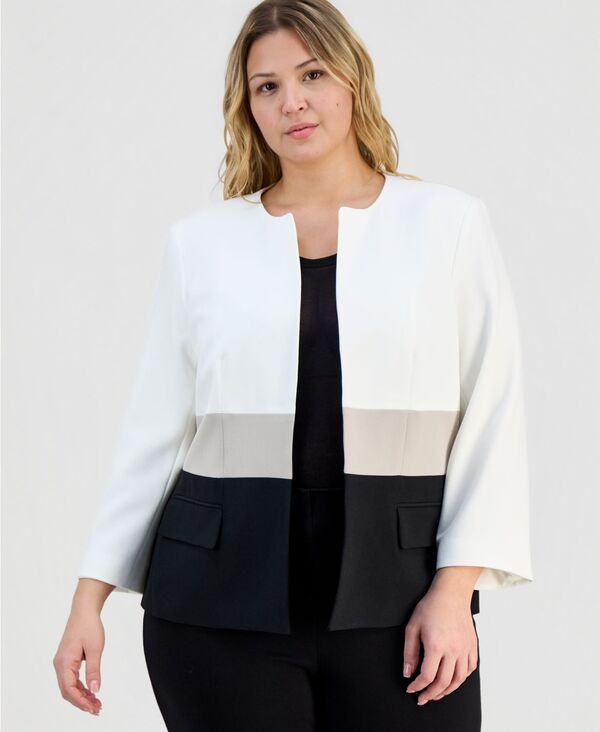 カスパール レディース アウター ジャケット・ブルゾン プラスサイズ カラーブロック Kasper Plusize Collarless Colorblocked OpenFront Jacket Vanilla Ice Multi マルチカラー