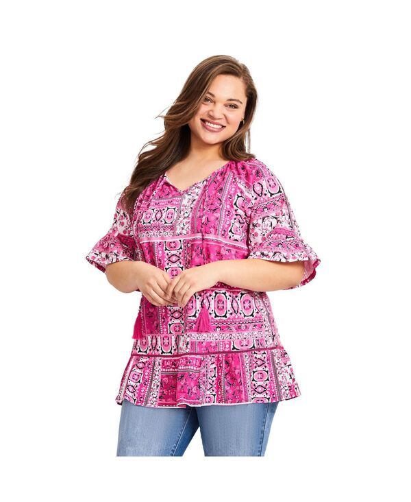 アベニュー レディース トップス シャツ プラスサイズ AVENUE Womens Plusize Flutter Sleeve Topink patchwork ピンク