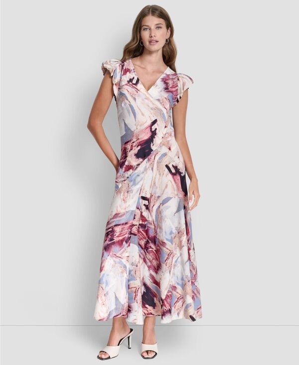 ダナ キャラン ニューヨーク レディース トップス ワンピース プリント パフスリーブ サテン DKNY Womens PuffSleeve Printed Satin Bias Cut Dress Lib_urban Sandstorm