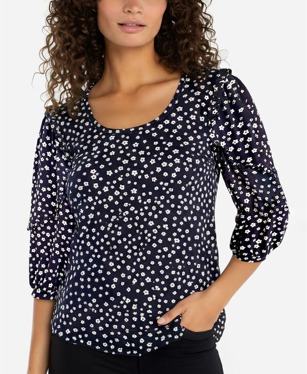 リヴァプール ロサンゼルス レディース トップス シャツ プチ フリル ニット Liverpoolos Angeles Petite Ruffle Sleeve PullOn Knitop Navy White Ditsy ホワイト