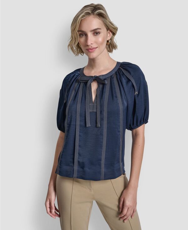 ダナ キャラン ニューヨーク レディース トップス シャツ パフスリーブラウス DKNY Womens PuffSleeve Top Stitch Tie Front Blouse Hudson Blue ブルー