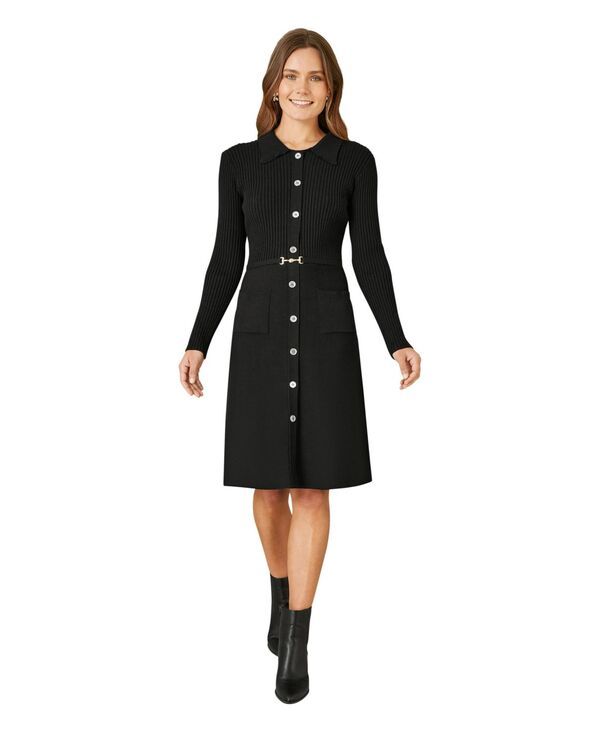 ユミキム レディース トップス ワンピース リブニット ミディ ニット Yumi Womens Belted Rib Knit Midi Dress With Pockets Black ブラック