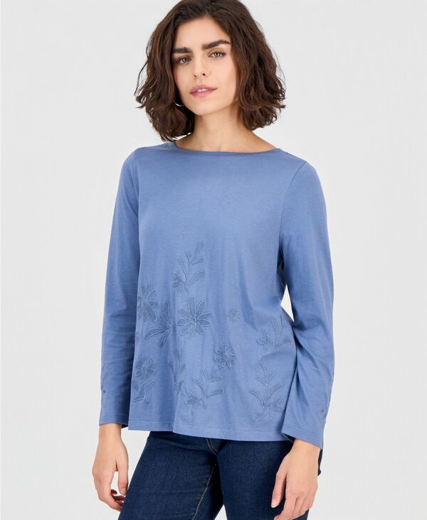 スタイルアンドコー レディース トップス シャツ プチ 刺繍 Style Co Petite Boat Neck Embroidered Top Militia Blue ブルー