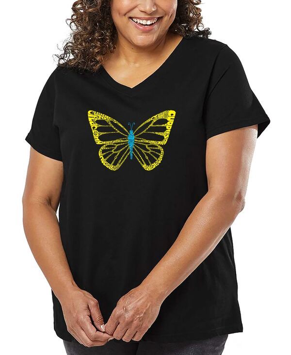 エルエーポップアート レディース トップス Tシャツ Vネック プラスサイズ LA Pop Art Plusize Butterfly Word Art VNeck TShirt Black ブラック