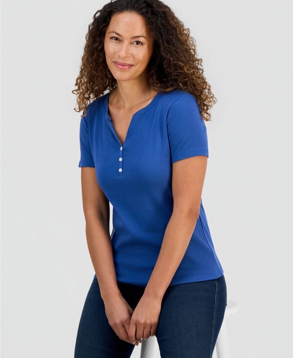 スタイルアンドコー レディース トップス シャツ 半袖 コットン Style Co WomenshortSleeve Cotton Henley Top Blue Jazz ブルー