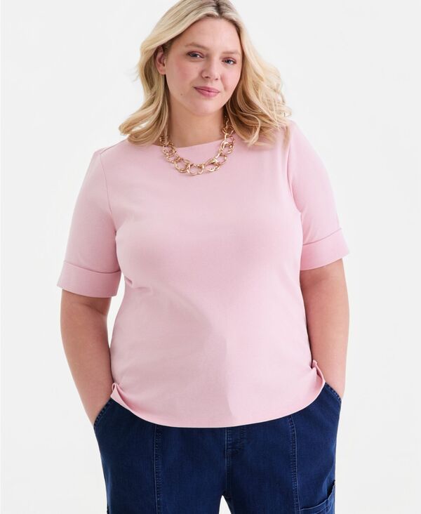 スタイルアンドコー レディース トップス シャツ コットン Style Co Womens BoatNeck Elbow Sleeve Cotton Top Silver Pink ピンク