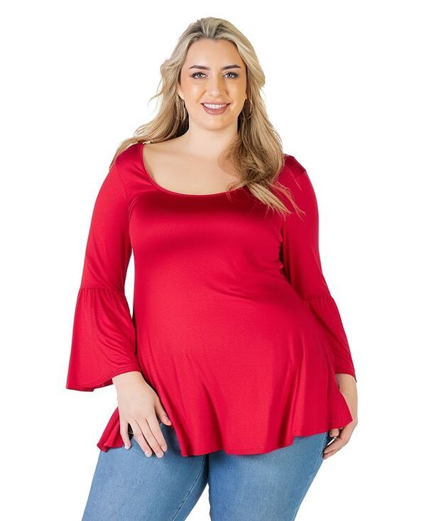 24 セブンコンフォート レディース トップス シャツ プラスサイズ 24seven Comfort Apparel Plus Size Long Bell Sleeve Flared Tunic Top Red レッド