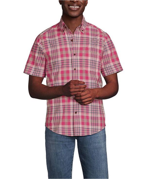 ランズエンド メンズ トップス シャツ Lands End Mens Traditional Fit Short Sleeve Madras Shirt Spiced rhubarbpeach plaid ピーチ