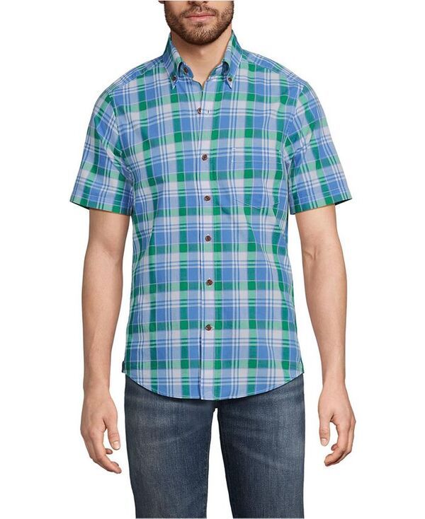 ランズエンド メンズ トップス シャツ Lands End Mens Traditional Fit Short Sleeve Madras Shirt Mariner blue plaid ブルー