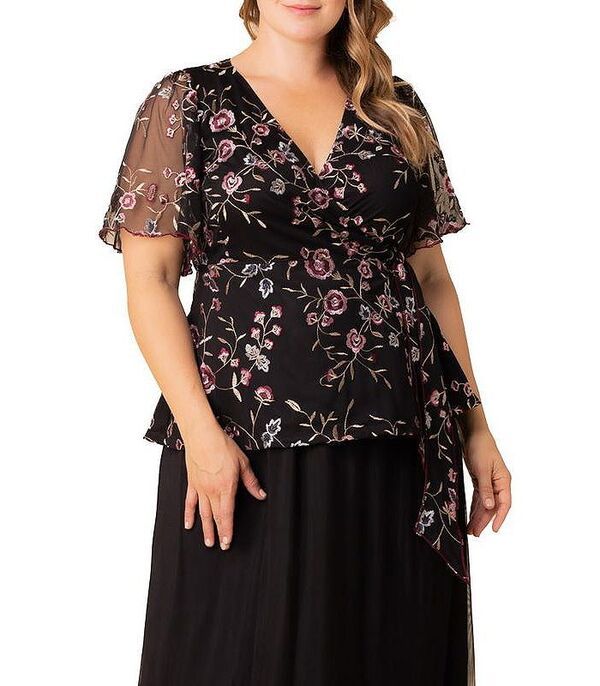 キヨナ レディース トップス シャツ プラスサイズ 刺繍 Kiyonna Plus Size Rosalie Embroidered Wrap Top Moonlit garden