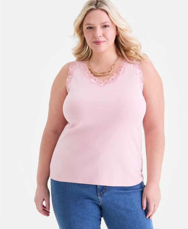 スタイルアンドコー レディース トップス タンクトップラスサイズ レース Style Co Plusize LaceTrimmed Tank Top Silver Pink ピンク