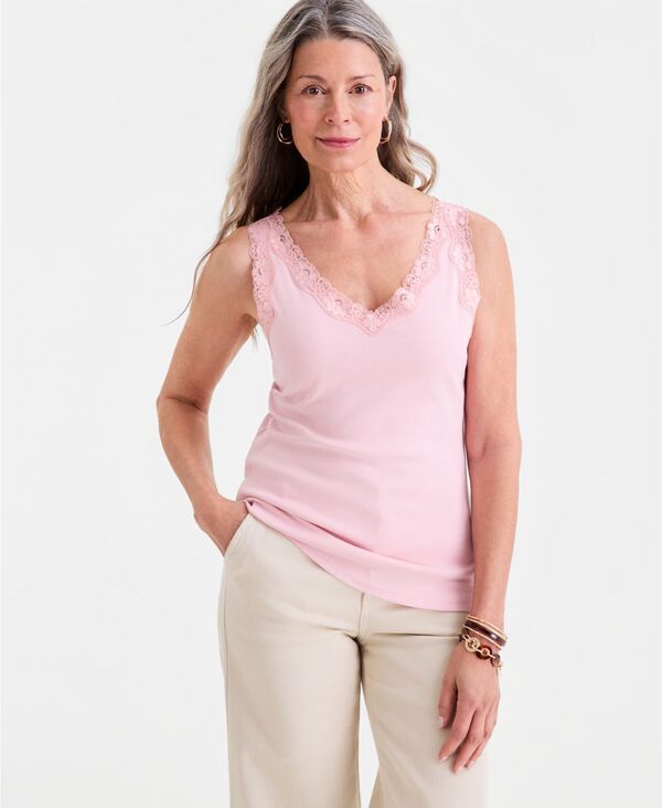 スタイルアンドコー レディース トップス シャツ コットン レース Style Co Womens LaceTrim Cotton Tank Top Silver Pink ピンク 6,735円