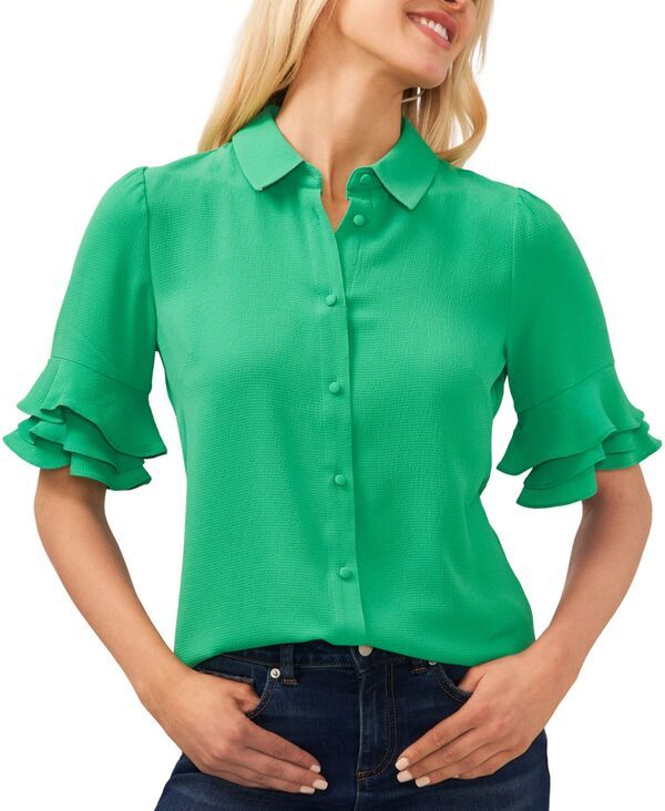 セセ レディース トップス シャツ フリル ブラウス CeCe Womens ButtonFront Ruffled 34Sleeve Blouse Vivid Green グリーン