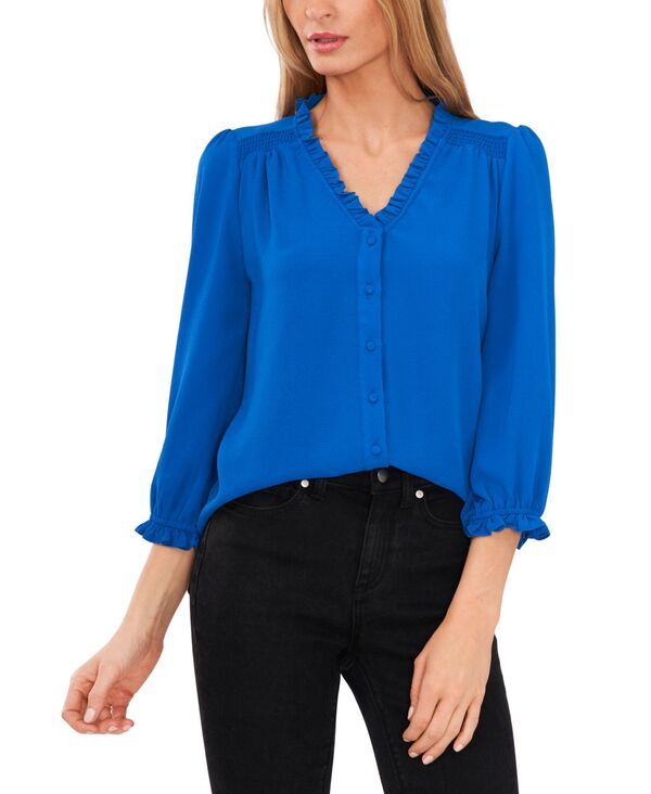 セセ レディース トップス シャツ フリル ブラウス CeCe Womens Ruffled ButtonFront 34Sleeve Blouse Deep Royal Blue ブルー