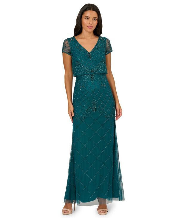 アドリアナ パペル レディース トップス ワンピース Adrianna Papell Womens Blouson Beaded Long Dress Deep Azure
