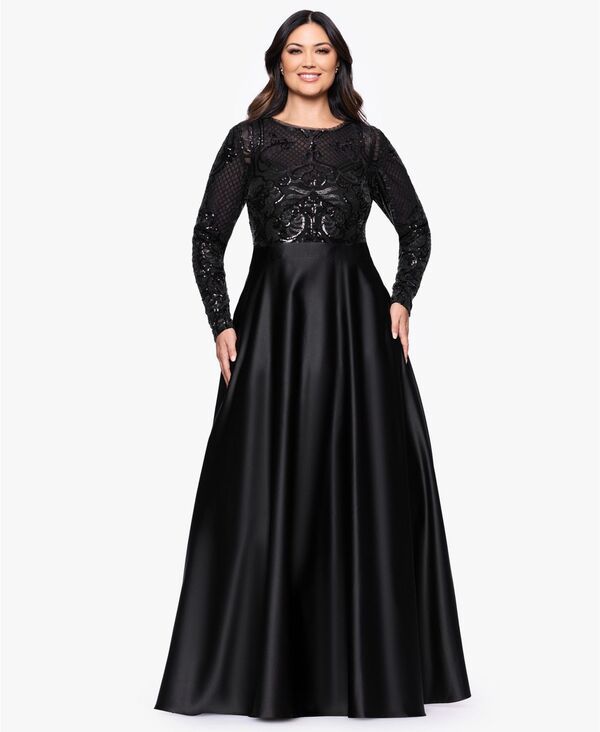 ベッツィアンドアダム レディース トップス ワンピース プラスサイズ スパンコール 長袖 Betsy Adam Plusize Sequin LongSleeve Ball Gown Black ブラック