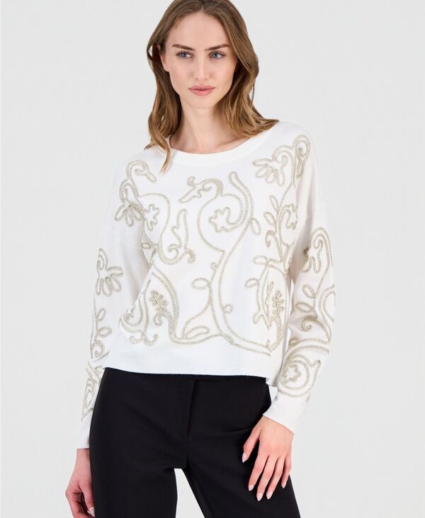 ティー・タハリ レディース アウター ニット・セーター クルーネック Tahari Womensoutache Crewneck Sweater White Star ホワイト