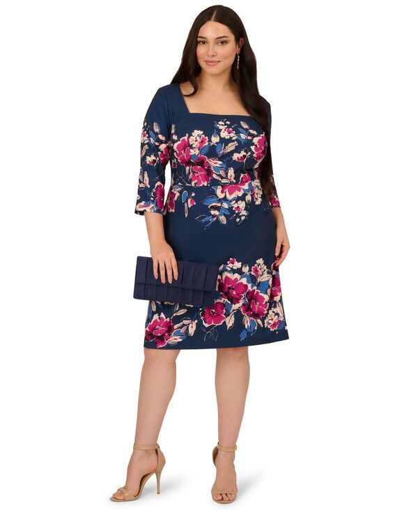 アドリアナ パペル レディース トップス ワンピース フラワー柄 プラスサイズ プリント ミディ フラワー Adrianna Papell Plusize Floral Printed Midi Dress NavyPink ネイビー