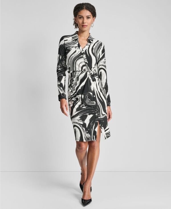 ダナ キャラン ニューヨーク レディース トップス ワンピース プチ 長袖 DKNY Petite LongSleeve Knotted Belted Faux Wrap Dress BlackIvory アイボリー