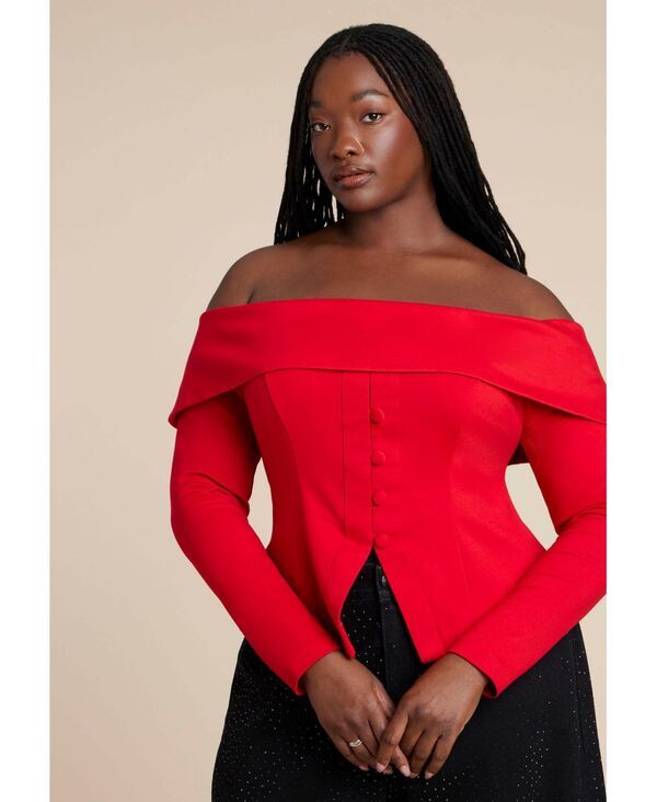 エロクイ レディース トップス シャツ ELOQUII Womens Fold Over Top With Front Button Detail Barbados cherry