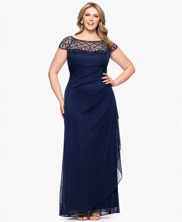 エスケープ レディース トップス ワンピース プラスサイズ シアー XSCAPE Plusize Sheer BoatNeckline Long Sheath Dress Navy ネイビー
