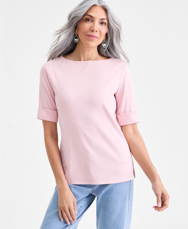 スタイルアンドコー レディース トップス シャツ コットン Style Co Womens BoatNeck Elbow Sleeve Cotton TopXS4X Veiled Rose