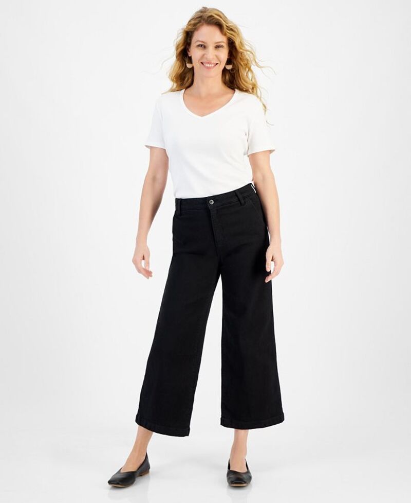 スタイルアンドコー レディース ボトムス デニムパンツ プチ クロップド ジーンズ Style Co Petite HighRise WideLeg Cropped Jeans Deep Black ブラック