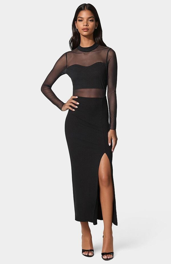 ベベ レディース トップス ワンピース モックネック マキシワンピース メッシュ マキシ Bebe Womens Rib Mock Neck Maxi Dress with Powermesh Black ブラック