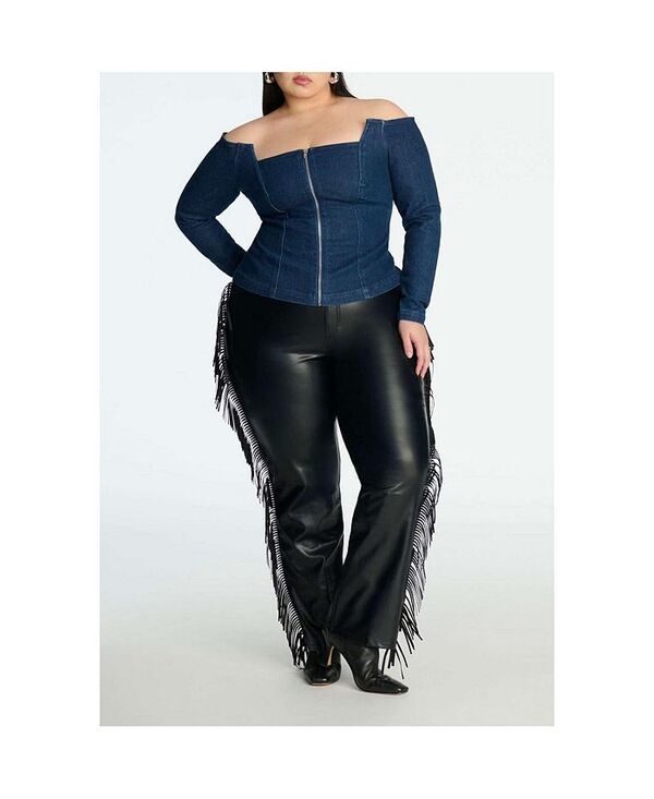 エロクイ レディース ボトムス カジュアルパンツ プラスサイズ レザー フリンジ フェイクレザー ELOQUII Womens Plus Size Faux Leather Pant With Fringe Black onyx ブラック