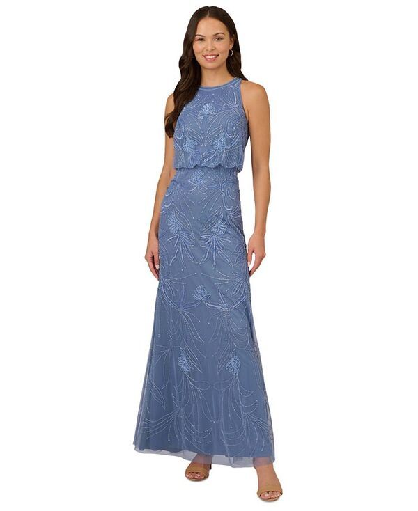 アドリアナ パペル レディース トップス ワンピース プチ ホルター Adrianna Papell Petite Beaded Embellished Halter Gown French Blue ブルー