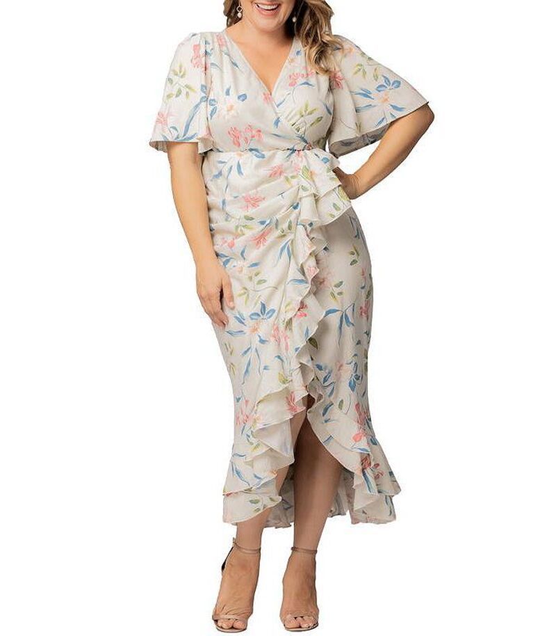 キヨナ レディース トップス ワンピース プラスサイズ フリル Kiyonna Plus Size Alexandra Ruffle Faux Wrap Gown Lush lily print