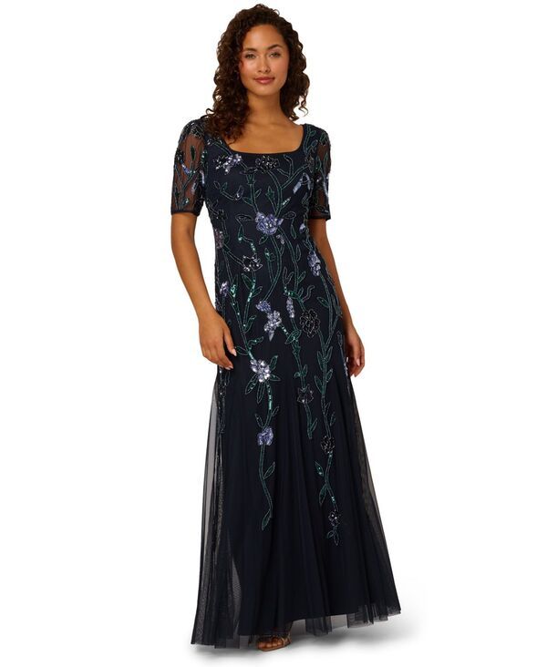 アドリアナ パペル レディース トップス ワンピース メッシュ Adrianna Papell WomensquareNeck Beaded Mesh Gown Midnight Multi マルチカラー