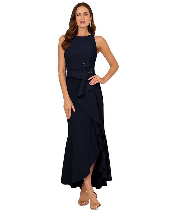 アドリアナ パペル レディース トップス ワンピース クレープ フリル Adrianna Papell Womens CascadingRuffle Crepe Gown Midnight